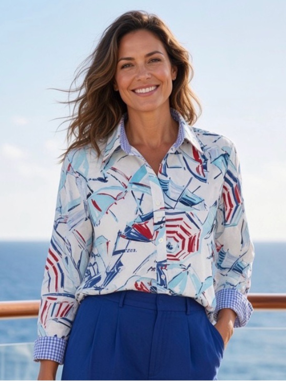 CHAPS No Iron Shirt Button Front Coastal Cruise Top 3/4 Sleeve USA Women’s L